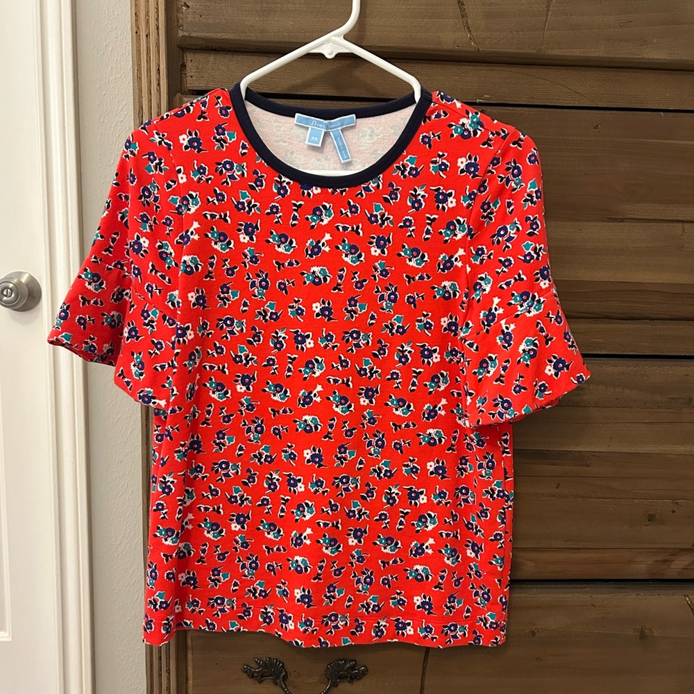 Draper James Red Floral Top with Navy Trim